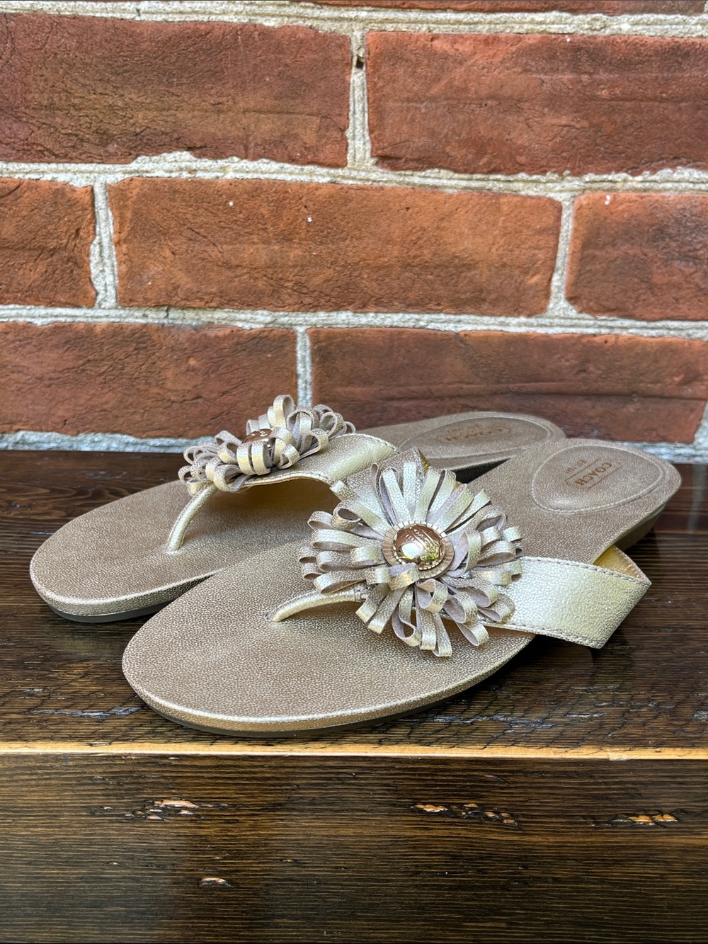 Coach Skye Metallic Champagne Gold Flower Thong Sandals - Picture 2 of 11